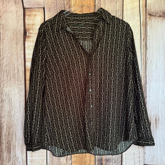 Ann Taylor Blouse Petite Chain Print Button-Down Black Long Sleeve Top Office - Picture 1 of 9